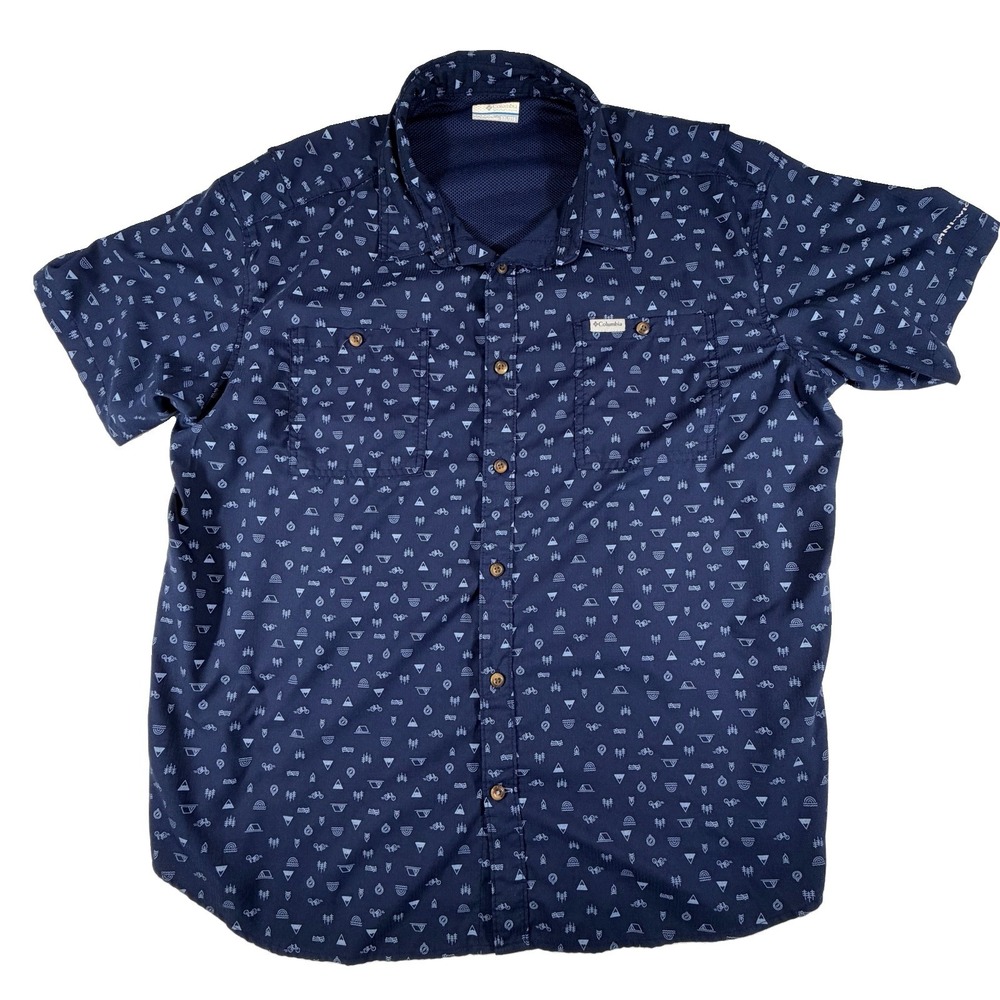 Columbia Shirt Men's Sz 2XL Blue Rapid Rivers Short Sleeve Camp All Over Print